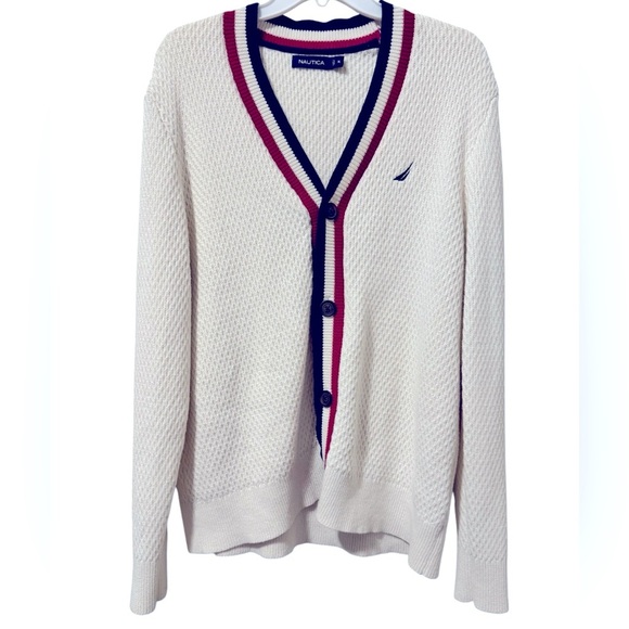 Nautica Cardigan Sweater Cotton Mens Sz XL Navy Crimson Trim Preppy Vintage - Picture 5 of 8